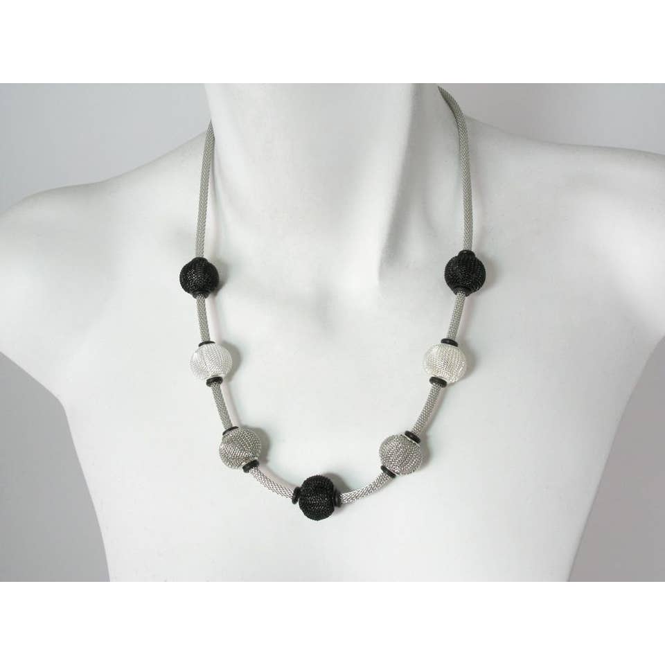 rhodium silver black Long Thin Mesh Necklace with 7 Spaced Round Mesh Beads for wholesale on Faire