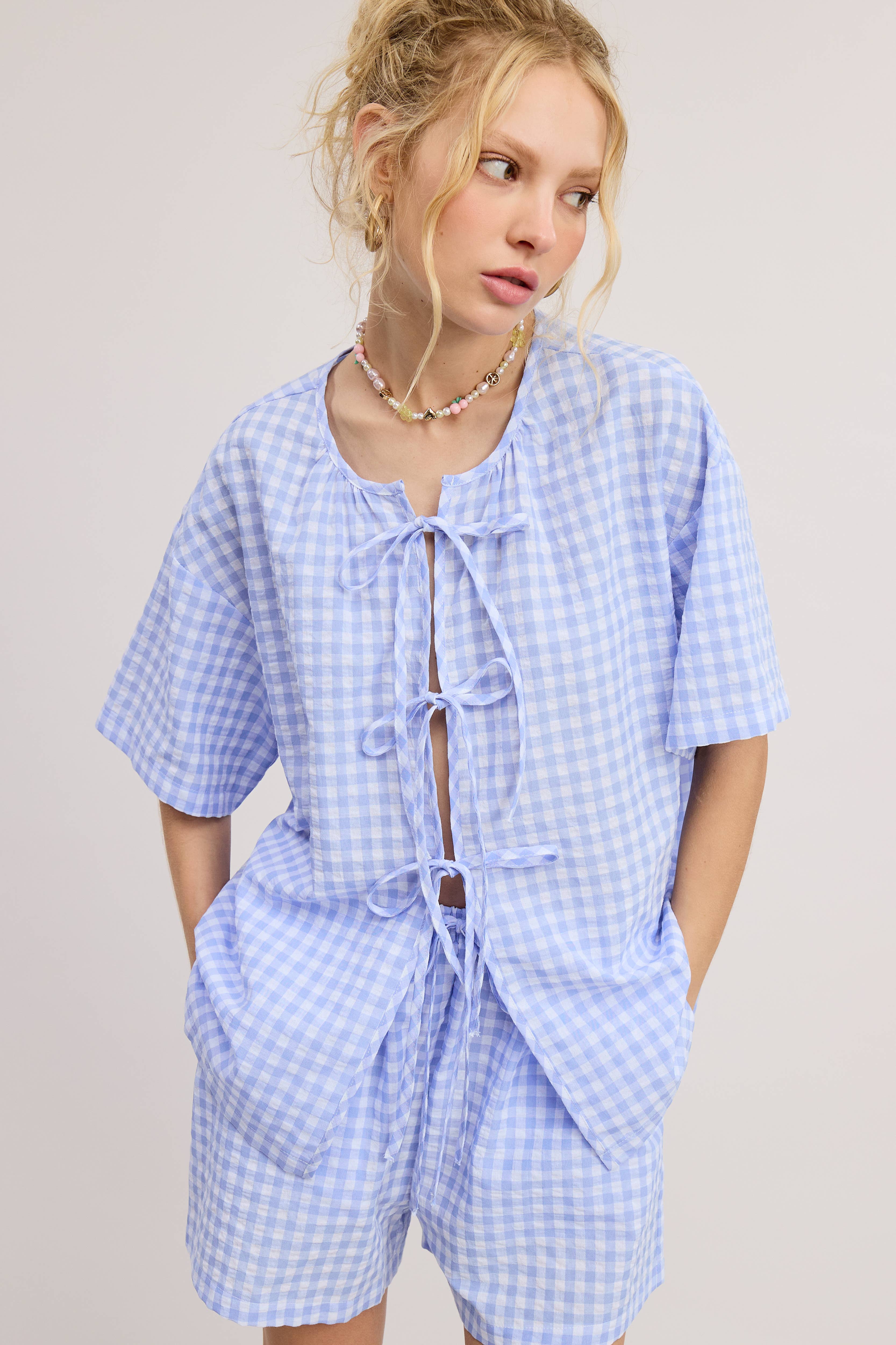 Mimosa - Wholesale Top & Short Set (NOT Loungewear) - Women's - Gingham Open Front Self Tie Top and Shorts Matching Set9