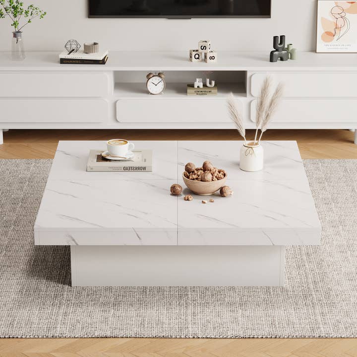 Urban Meuble - Wholesale Side Table - Modern white square coffee table with marble effect, 4 drawers, sliding top 90x90x25cm KHEKRIED7