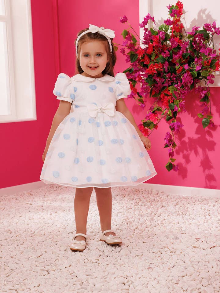 Vestido de bebé azul con lunares y accesorio para el cabello 6-24 meses 35420pr para venta al por mayor de Pamina Kids