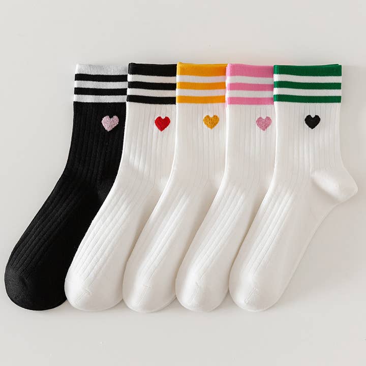 ACCITY - Wholesale Socks - Women's - College Style Heart, Two Stripes Print Crew Socks_CWMS0900