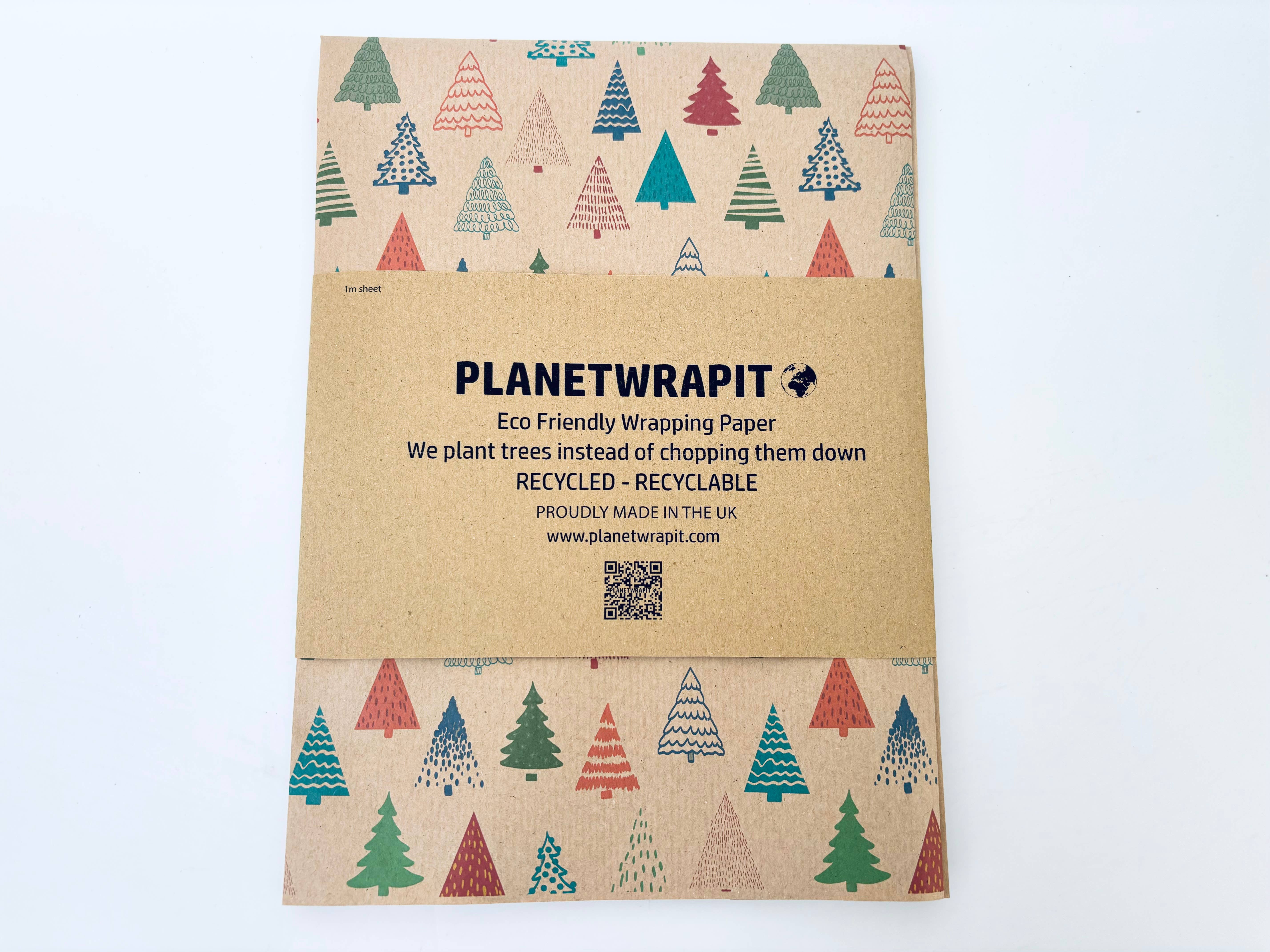PlanetWrapIt - Wholesale Wrapping Paper Roll - Colourful Christmas Trees Recycled Kraft Gift Wrapping Paper1