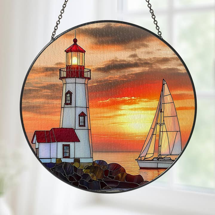 Lighthouse and Sailboat Stained Glass Suncatcher, Ocean Art for wholesale by TMLECOM LTD