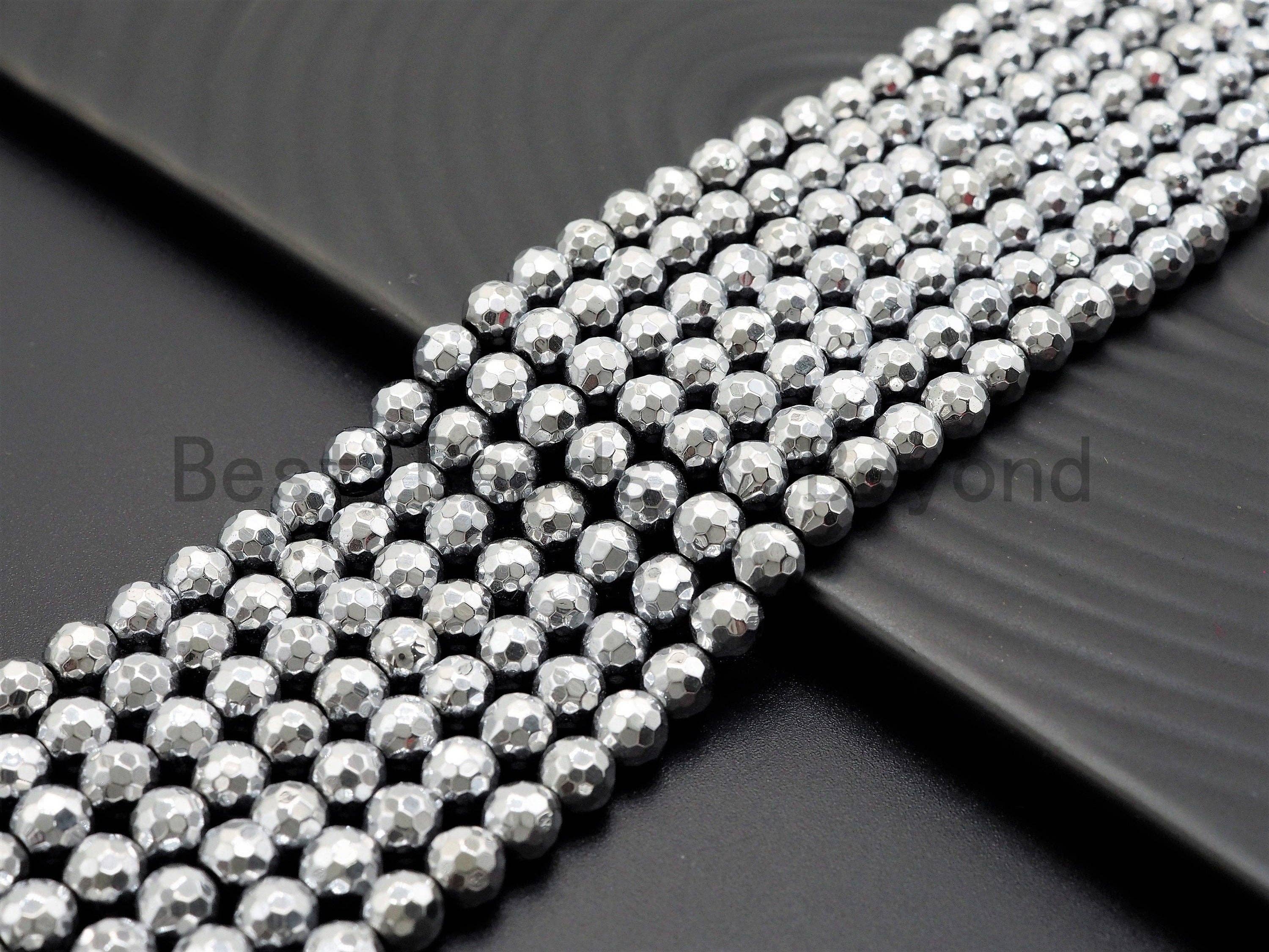 BestBeads&Beyond - Wholesale Beads - Natural Silver Hematite Beads-2mm/3mm/4mm/6mm/8mm/10mm/12mm Round Faceted Gemstone Beads-15inch Fullstrand-Metallic silver Beads, SKU#S1180
