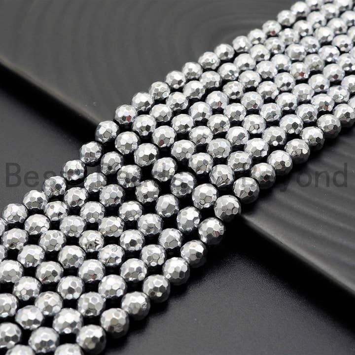 BestBeads&Beyond - Wholesale Beads - Natural Silver Hematite Beads-2mm/3mm/4mm/6mm/8mm/10mm/12mm Round Faceted Gemstone Beads-15inch Fullstrand-Metallic silver Beads, SKU#S118