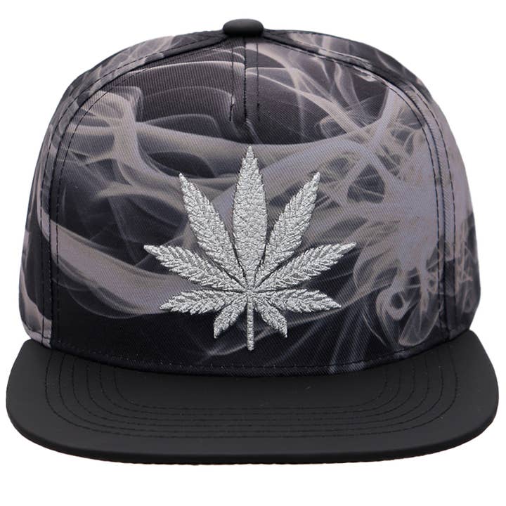 Cap Zone - Wholesale Flat Brim Cap - Men's - Metallic Marijuana Leaf Smoke PU Leather Flat Bill Snapback