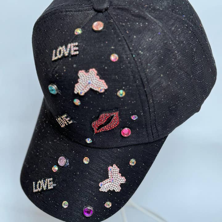 LUV & Co. - Wholesale Baseball Cap - Women's - Women's Black Glitter Rhinestone Baseball Cap