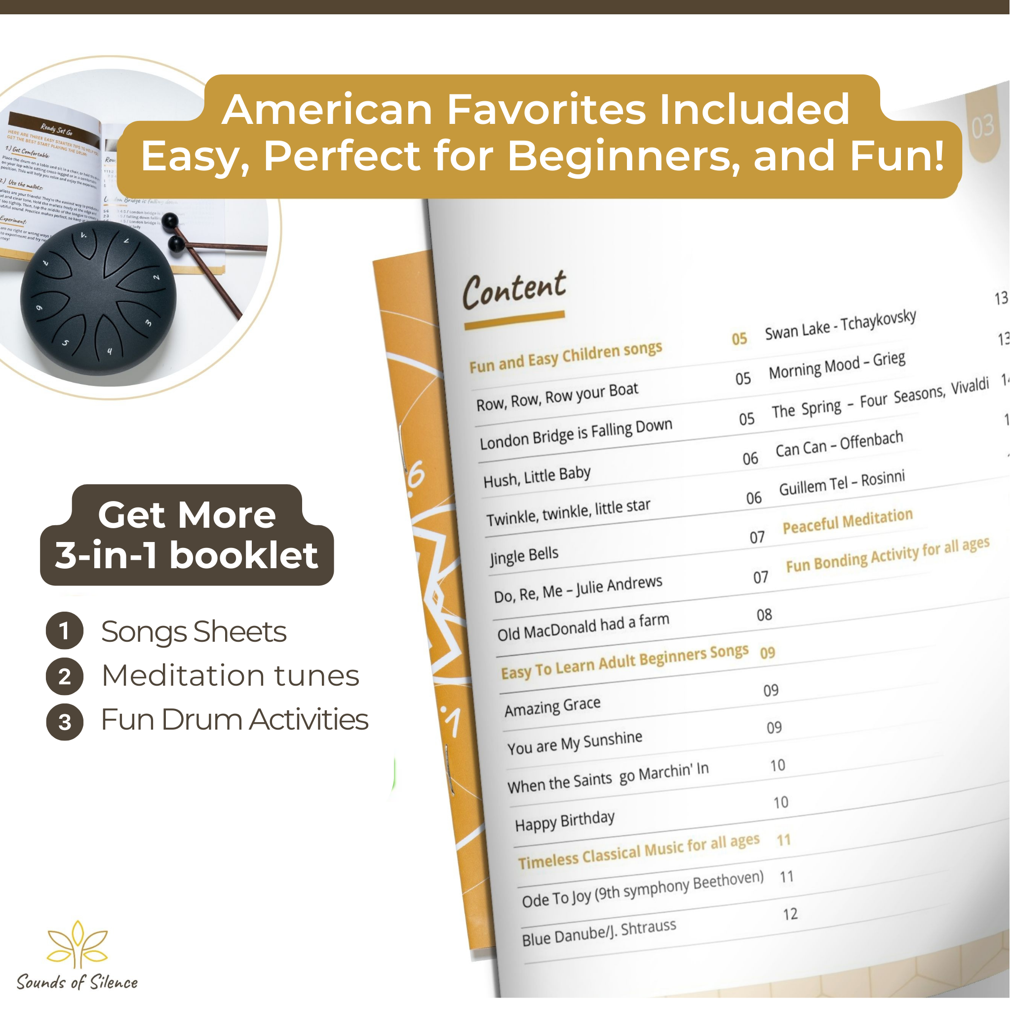 Sounds Of Silence Drums – wholesale Musical instrument – Steel Tongue Drum, Songbook, Carry Bag, Mallets, Gift Box 3