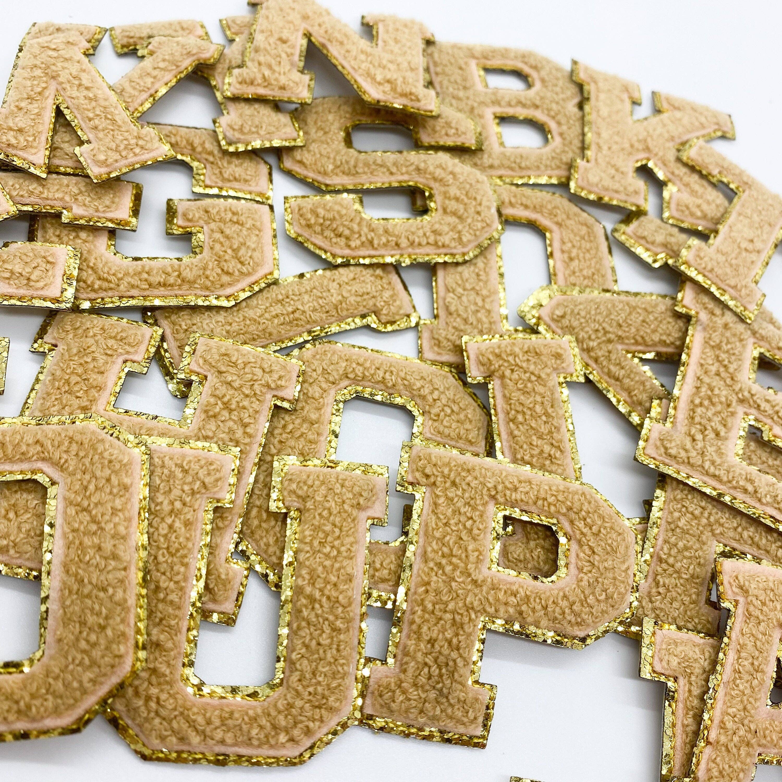 XOKendallCo - Wholesale Patch - Tan Varsity Chenille Initial Patch, Gold Letter0