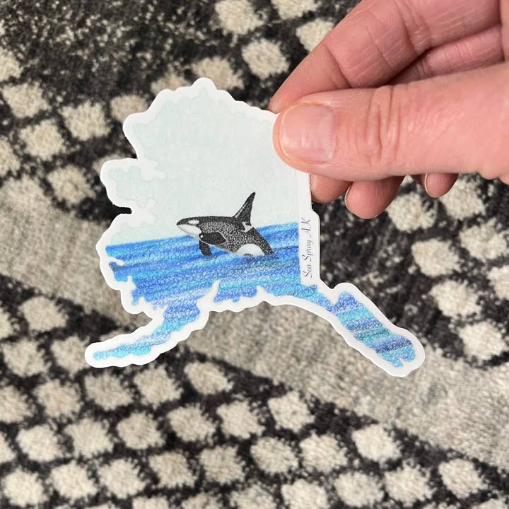 Alaska State Map Orca Whale Vinyl Sticker, Killer Whale for wholesale by Sea Spray AK