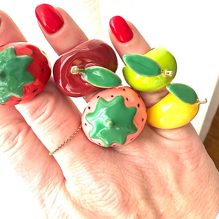 HoopLa - Wholesale Cocktail/Statement Ring - Fruit Basket Ring- Large Dome Fruit Rings- Enamel Hand Made