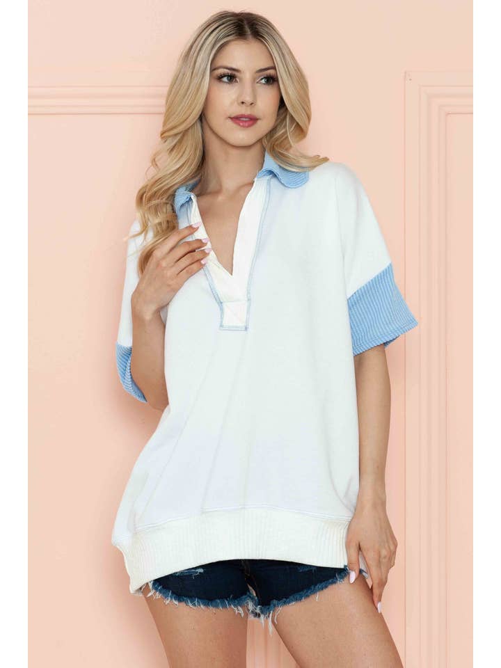 Burgundy Apparel - Wholesale Tunic - Women's - SHORT SLEEVE LOOSE FIT TOP WITH WAVE RIB CONTRAST3