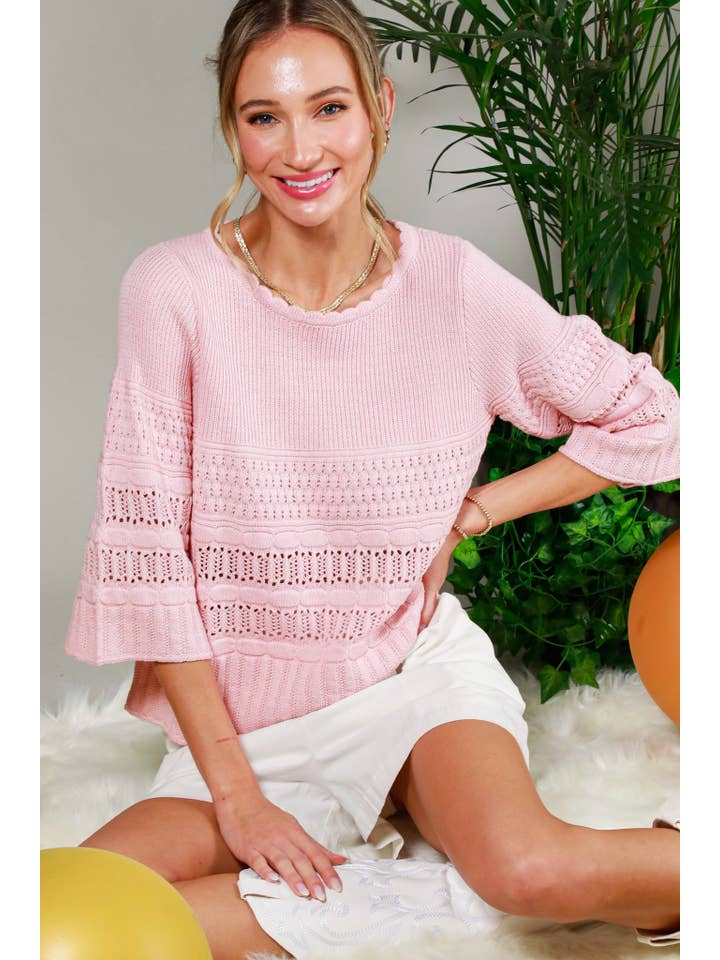 Vine & Love - Wholesale Knit Sweater - Women's - Round Neck 3/4 Sleeve Crochet Knitted Sweater Top VT81853-15