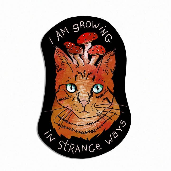 Mushroom Cat Sticker - 3" x 2" - Weird Fungi Ginger Cat Trip for wholesale by BoyPilot Goods