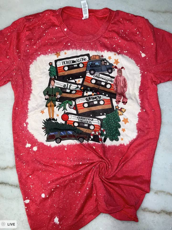 Christmas Movie Cassette Tapes Bleached Graphic Tee for wholesale on Faire0