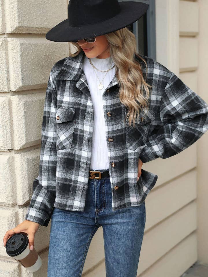 Lily Clothing - Wholesale Shirt Jacket/Shacket - Women's - LONG-SLEEVED PLAID WOOL JACKET WITH BAGGY POCKETS5