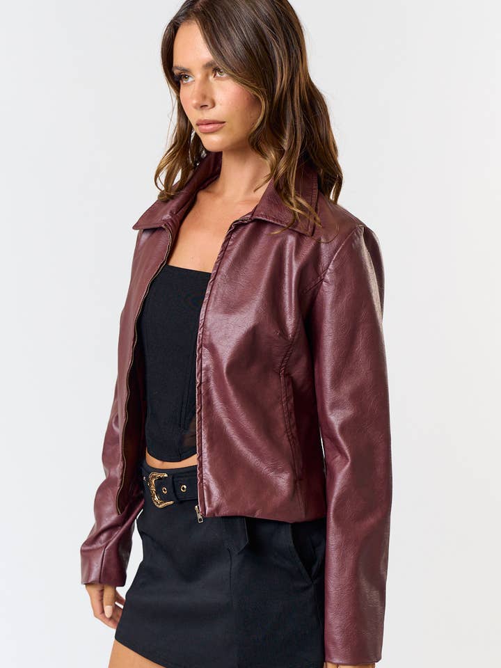 Burgundy IBT31150 WASHED PU LEATHER JACKET 🎄 HOLIDAY 2024 🎄 for wholesale on Faire