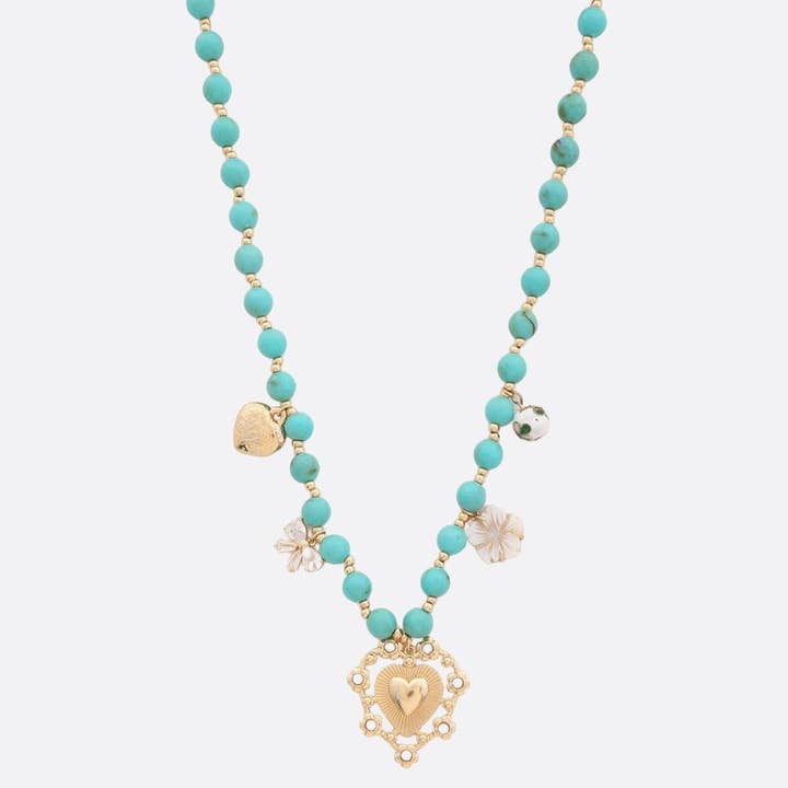 HEART CHARM STATIO BEADED NECKLACE, FN 1827 for wholesale by JOIA ACCESSORIES