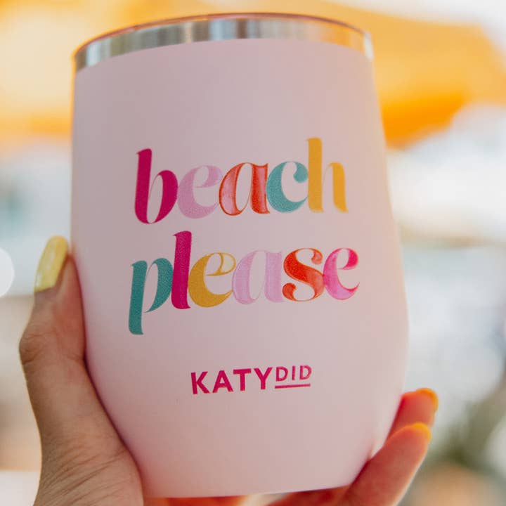Light Pink Beach Please 12 Oz WINE TUMBLER With Lid for wholesale on Faire