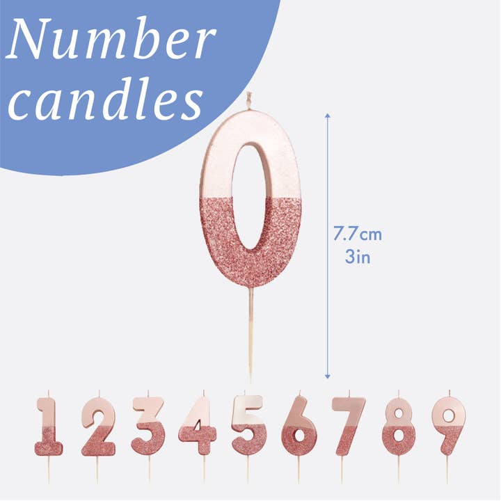 Talking Tables USA - Wholesale Cake Candle - Rose Gold Glitter Birthday Number Candles | 0-9 | Single |16