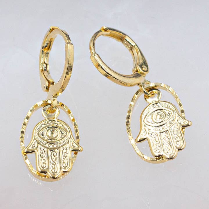 Oval Hamsa Hand Huggie Earrings for wholesale by Cherie by Cherie