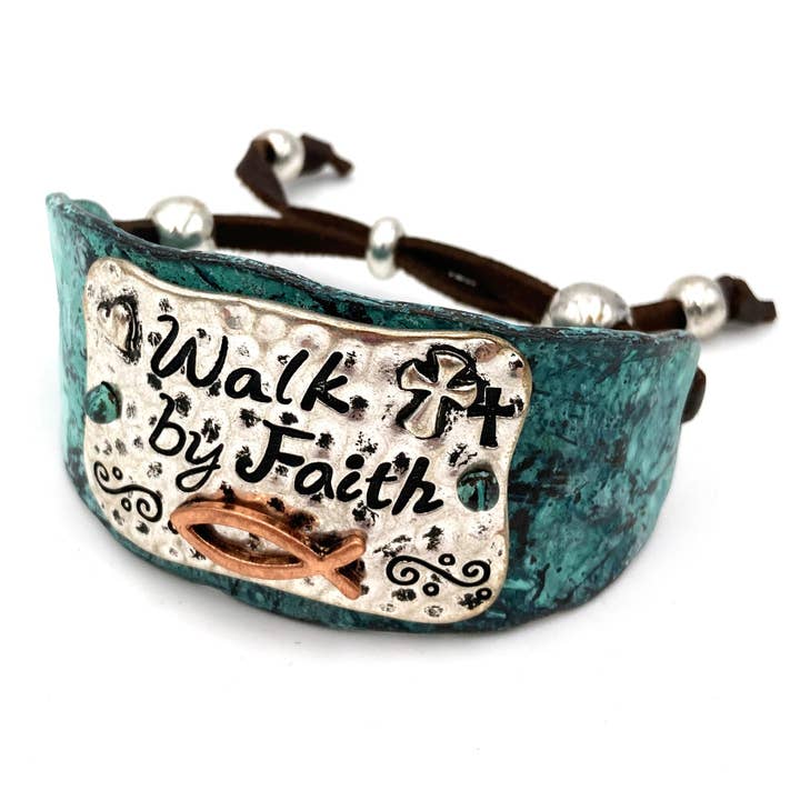 Walk by Faith Cross Fish Religious Patina Bracelet Cuff for wholesale by Lunar Deer