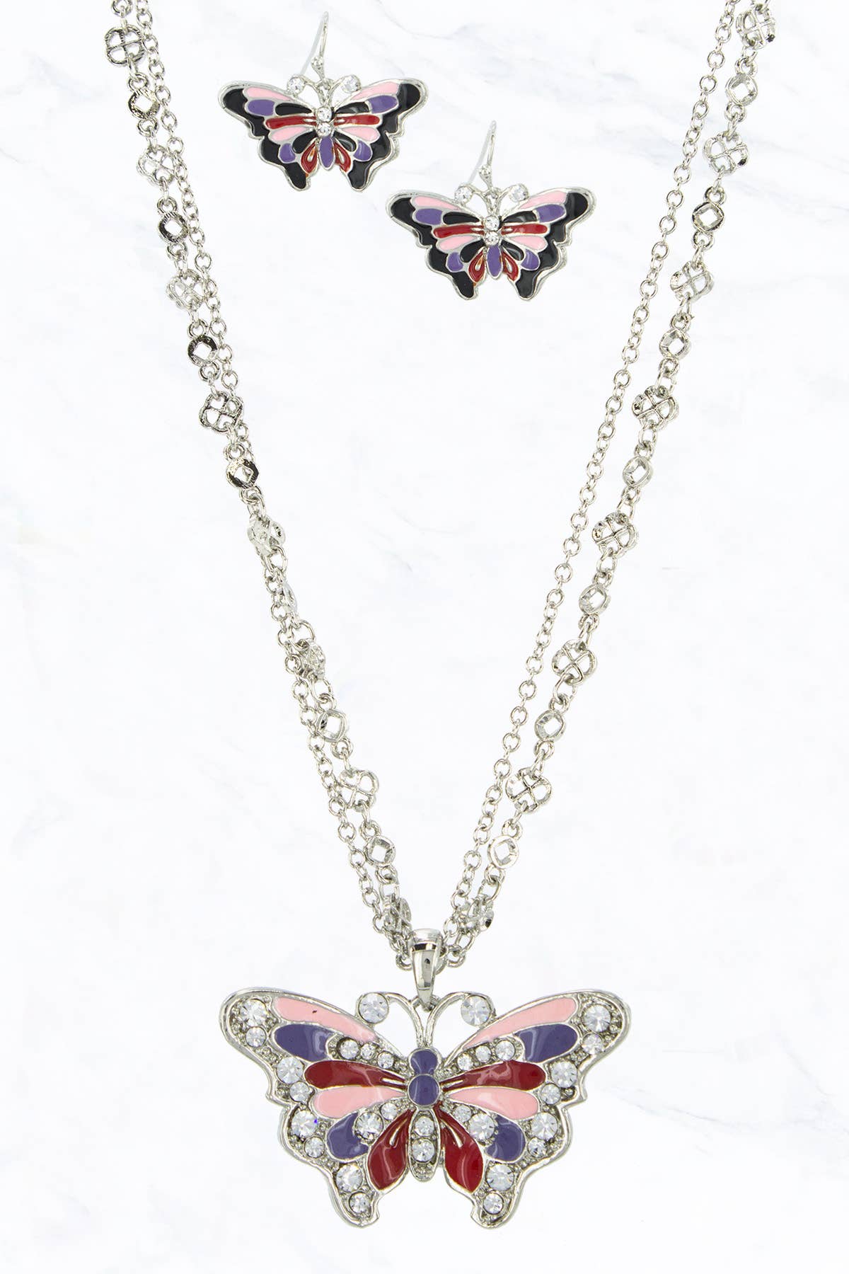 Suzie Q USA - Wholesale Jewelry Set - Butterfly Double Line Necklace Earrings Set0