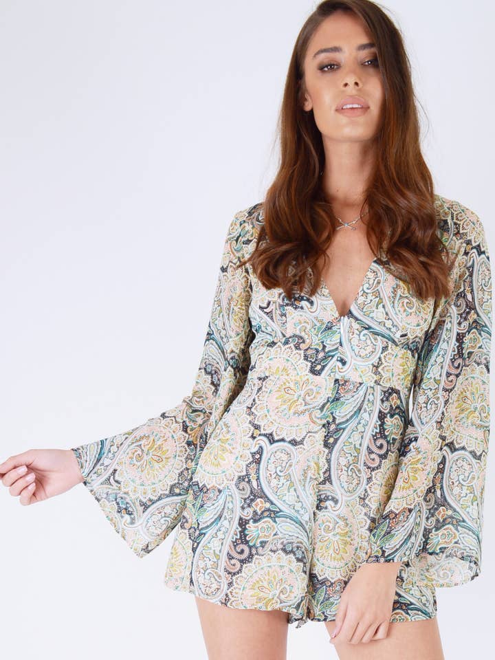 WYLDR Paisley Printed V-Neck Playsuit With Long Sleeves for wholesale by LoveMyStyle