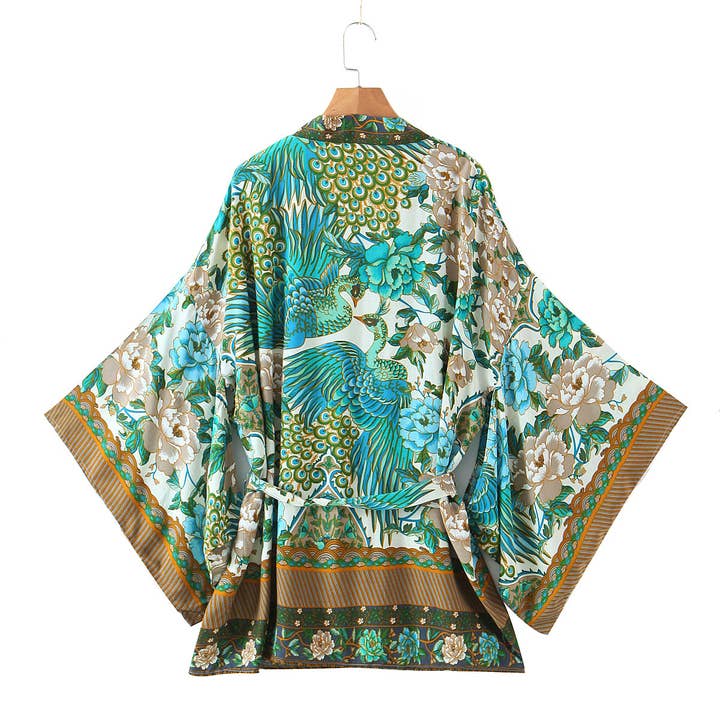 Rosa Clothing - Wholesale Kimono - Women's - Vibrant Boho Beach Peacock Print Tie-Waist Kimono