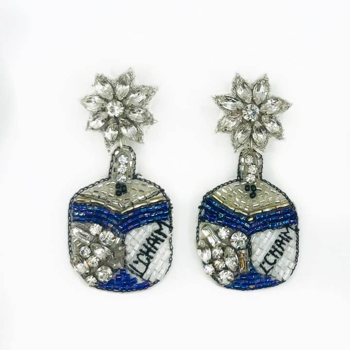 The Pearled Panther - Wholesale Dangle Earrings - Hanukkah Dreidel Beaded Statement Earrings “L Chaim”