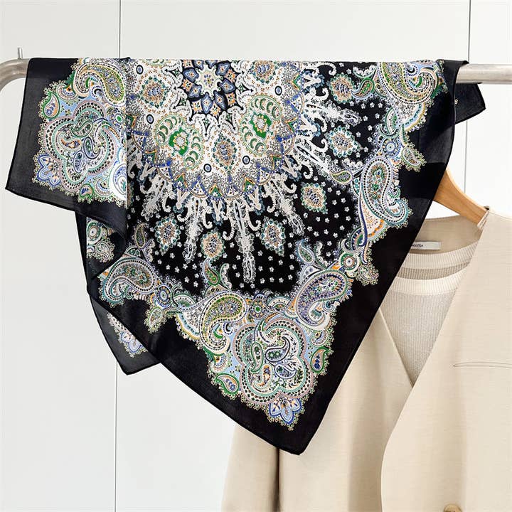 26'' Black Base Colorful Paisley Mulberry Silk Scarf – Elegant Square Silk Shawl for Women, Luxury Fashion Accessory for wholesale by SueSilkHK