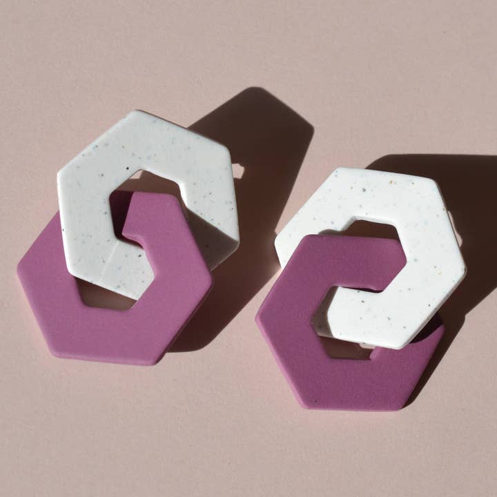 The "Big Hex Links" Earrings in Speckled + Berry Pink for wholesale by CleverlyCo.