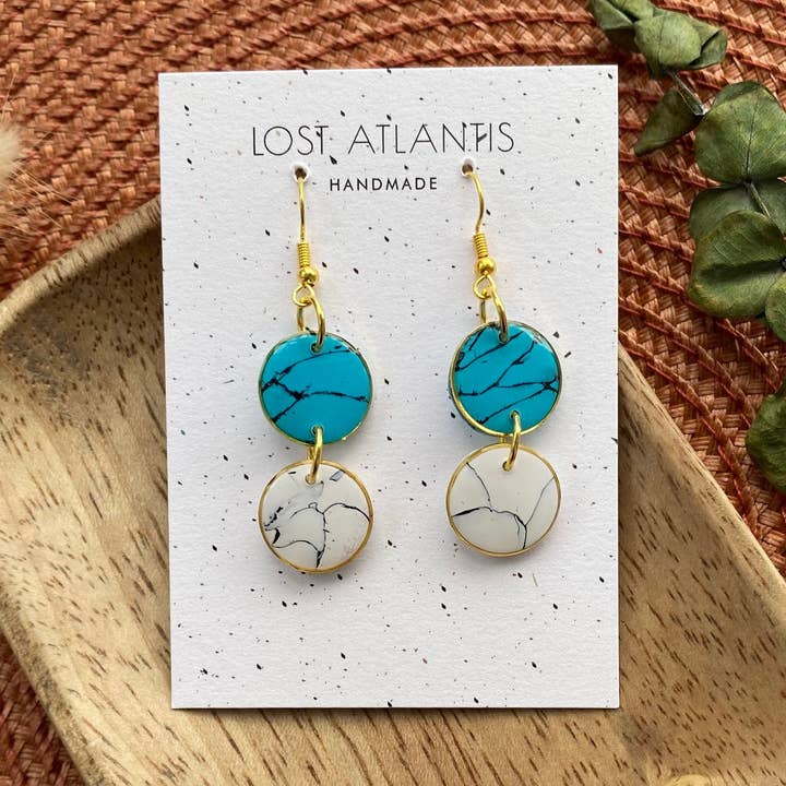 Clay Turquoise Dangle Earrings - Clay Earrings - White - Gol for wholesale by Lost Atlantis