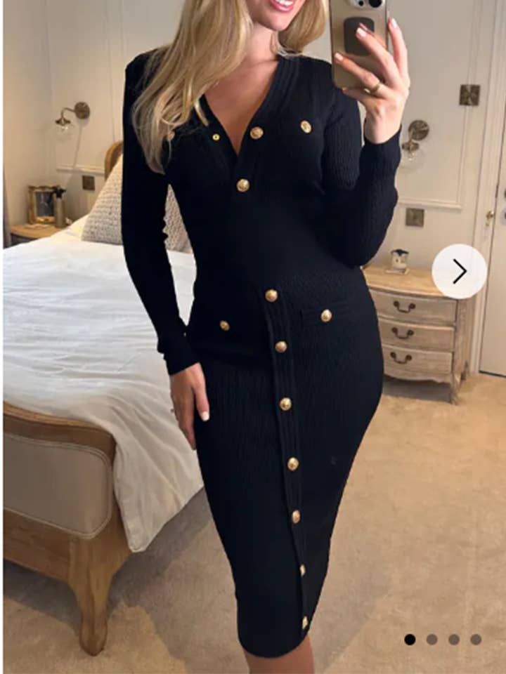 CY FASHION. LONDON – Engroshandel Kjole - Dame – Lange ærmer Knapper Design Midi bodycon kjole i sort