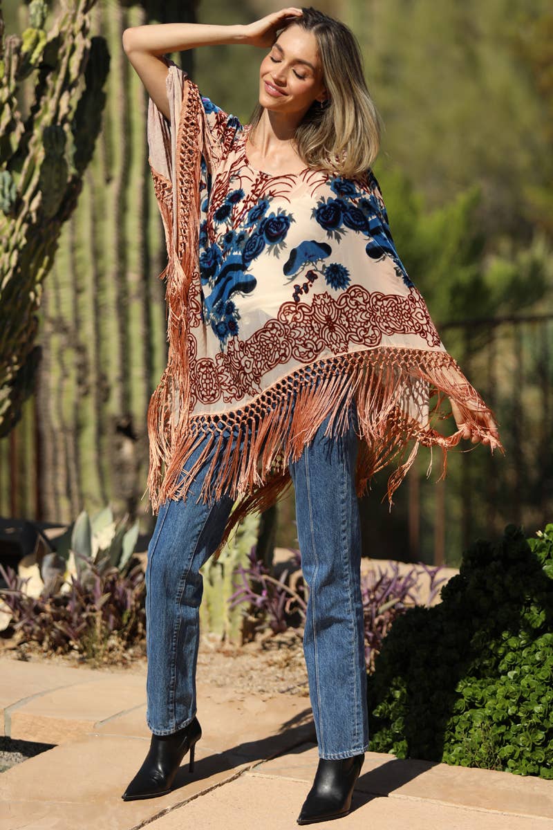 ANGIE - Wholesale Poncho - Women's - X2ED6-ASIS BURNOUT VELVET FRINGE HEM PONCHO3