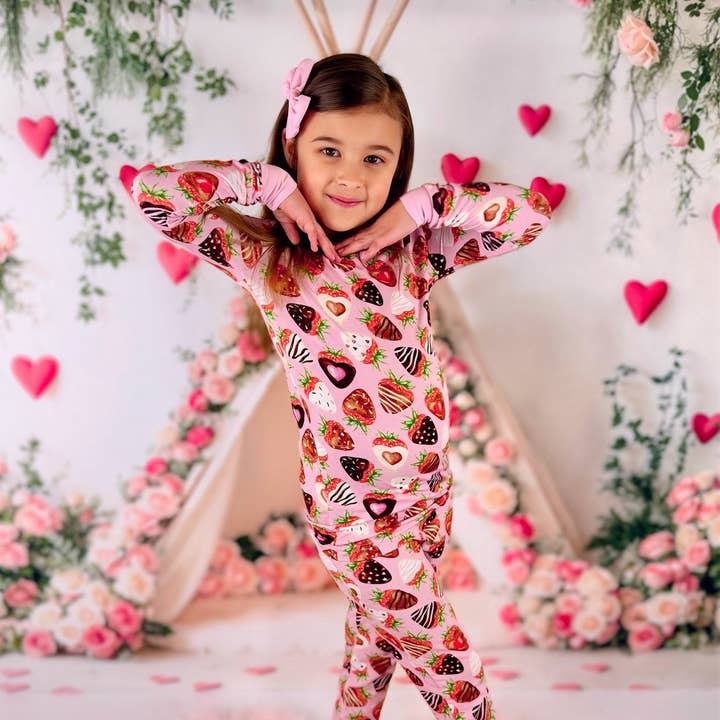 Sweet Strawberries | Two-Piece Bamboo Long Sleeve Toddler & Kids Pajamas for wholesale by Little Popp Crew