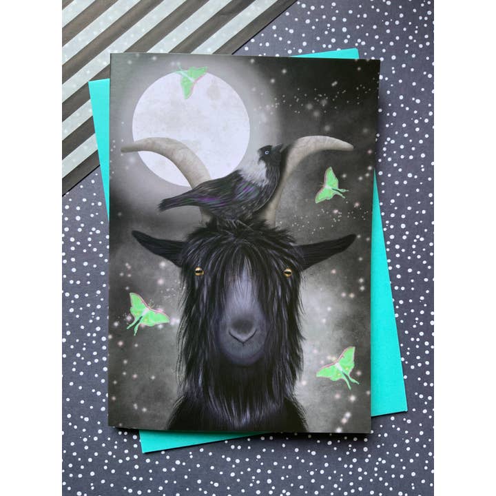 Phillip. Gothic Black Goat & Moths Greetings Card for wholesale by Crimson Finch
