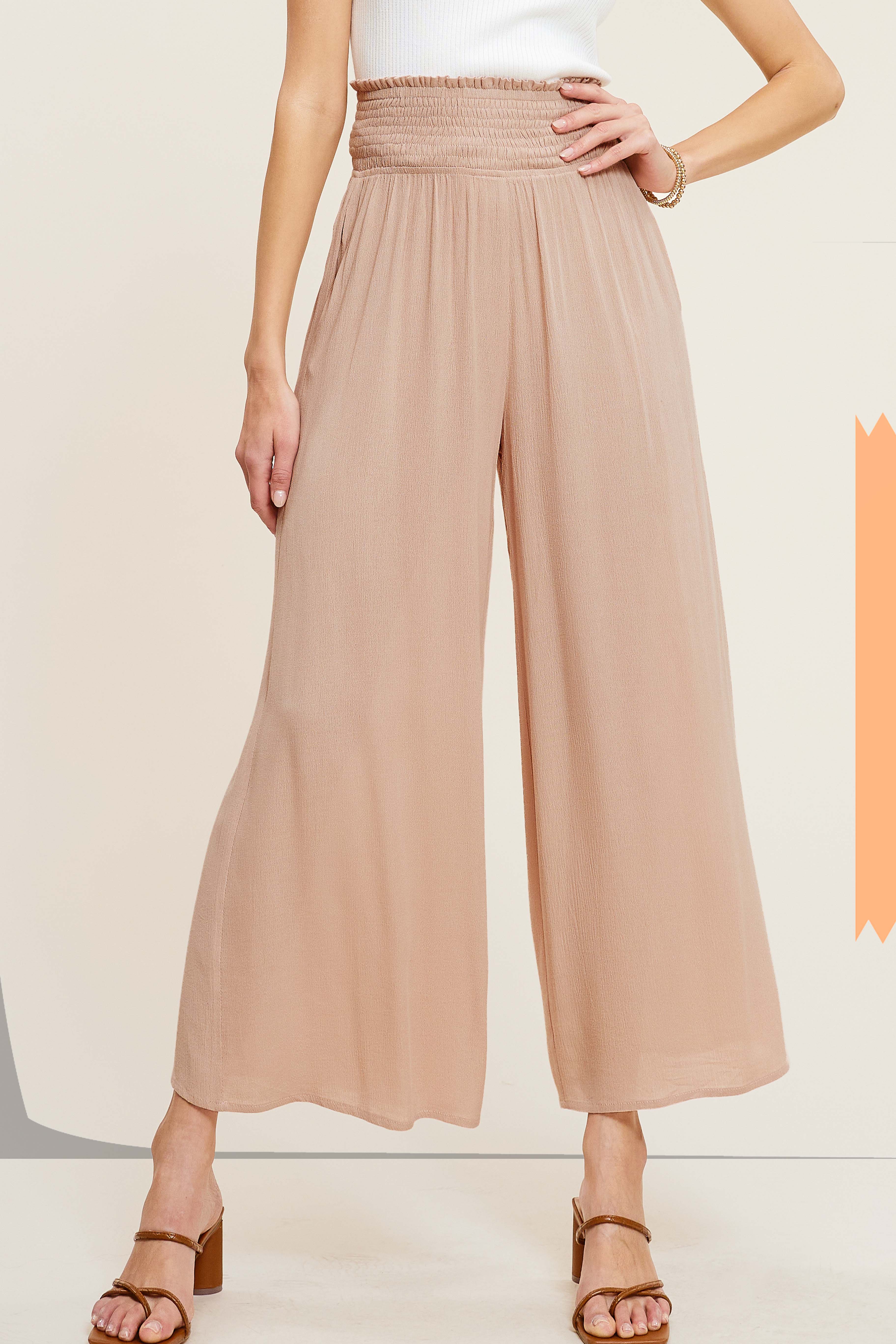 La Miel - Wholesale Pants - Women's - JCP4226-Wide Leg Smocked Elastic Waist Pants With Pockets22