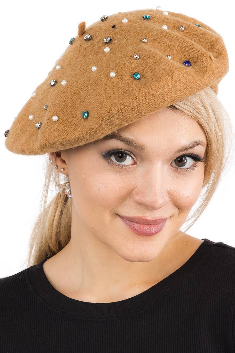 Cap Zone – Boina - Mulher por atacado – Boina de tweed escovado com strass e pérolas falsas1