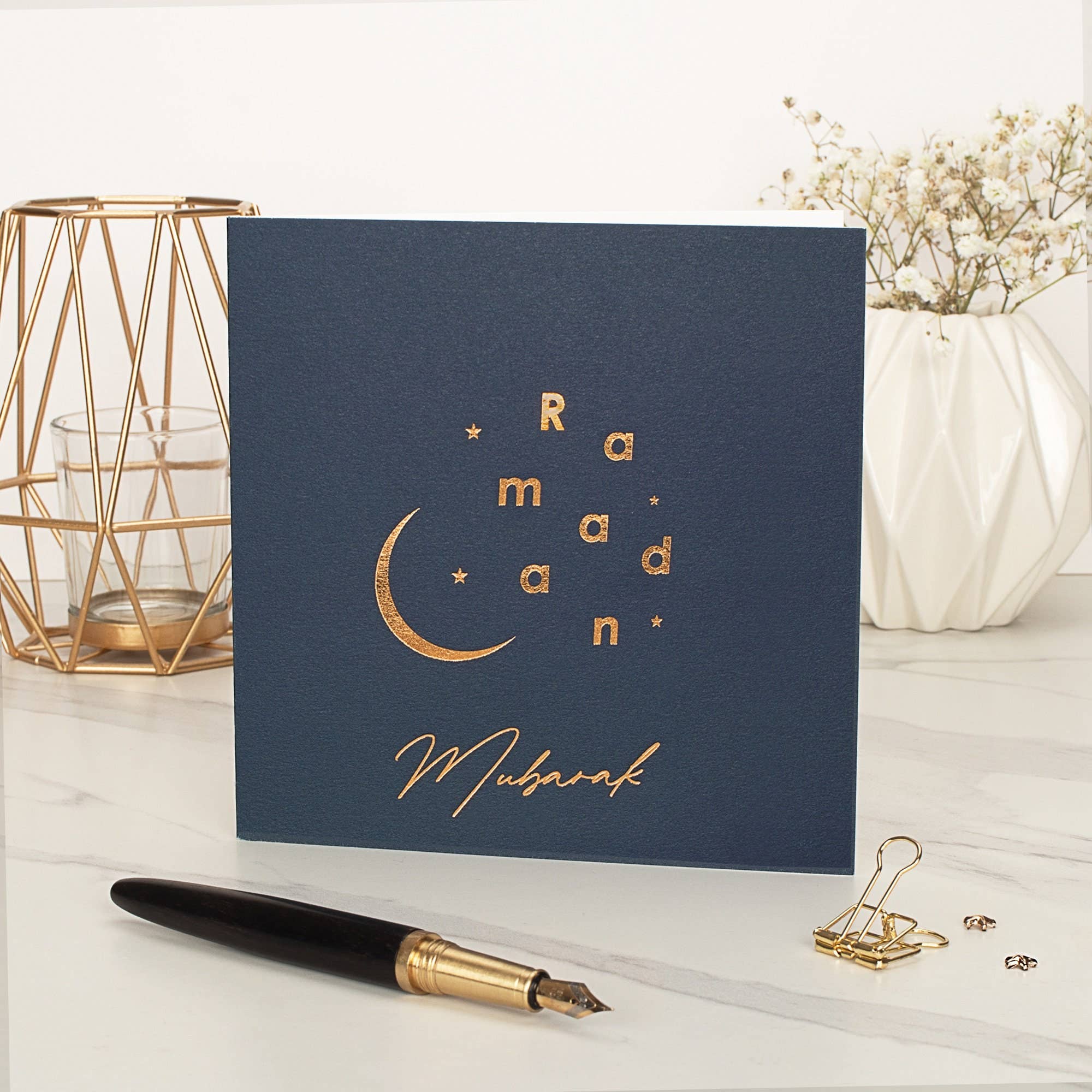 Islamic Moments – wholesale Eid & Ramadan card – Luxury Ramadan Mubarak Gold Foil Greeting Card Navy Blue - RC 210