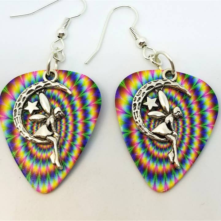Simply Raevyn - Wholesale Dangle Earrings - Fairy on the Half Moon Charm Guitar Pick Earrings41