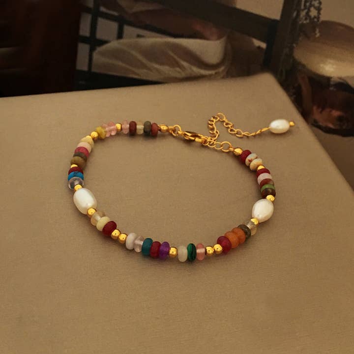 Multi Colored Natural Stone Pearl Bead Bracelet for wholesale on Faire