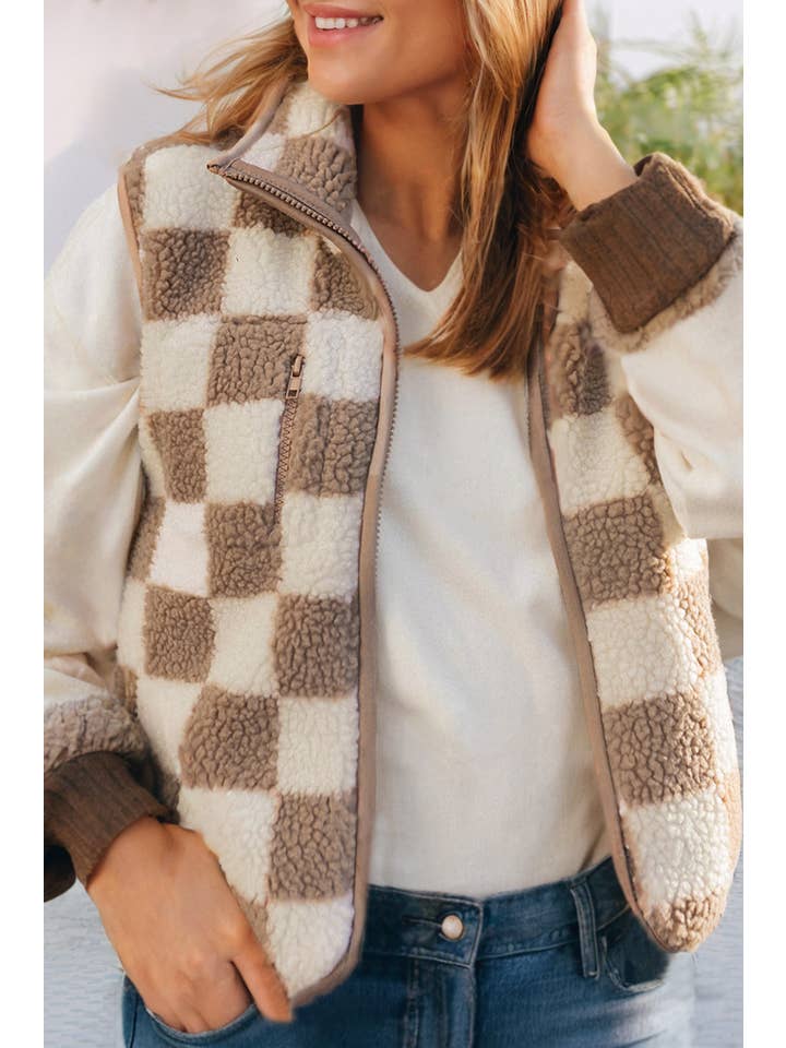 Gilet kaki Veste Sherpa LDC à carreaux et bouton-pression en vente sur Faire