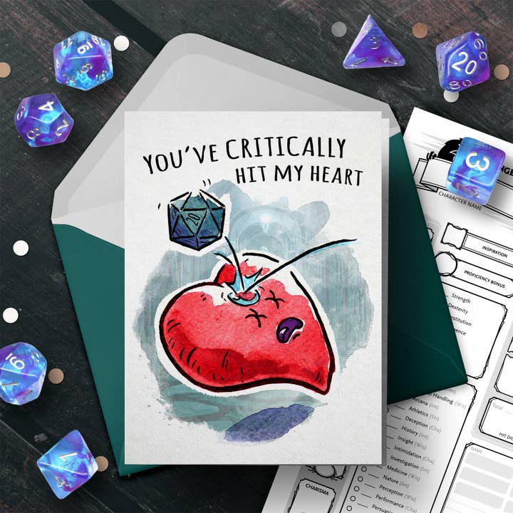 "Critical Hit" - D&D Nerd Valentines, Love, Anniversary Card for wholesale by Aaron Millard Illustration