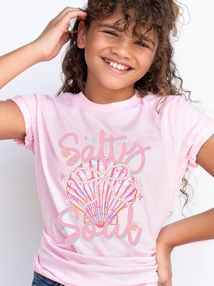 Salty Soul Pearl Bow Kids Graphic Tee for wholesale by COLORBEAR