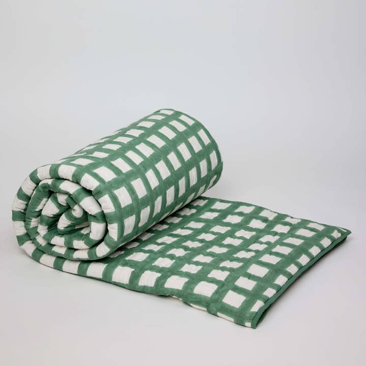 Craft Boat - Wholesale Quilt - BLOCK PRINTED QUILT - CHECKERBOARD PINK-GREEN