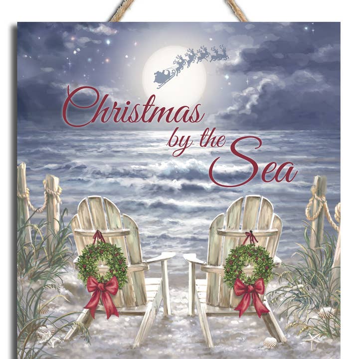 Christmas by the Sea Wooden Sign with Rope Hanger for wholesale by Glow Decor