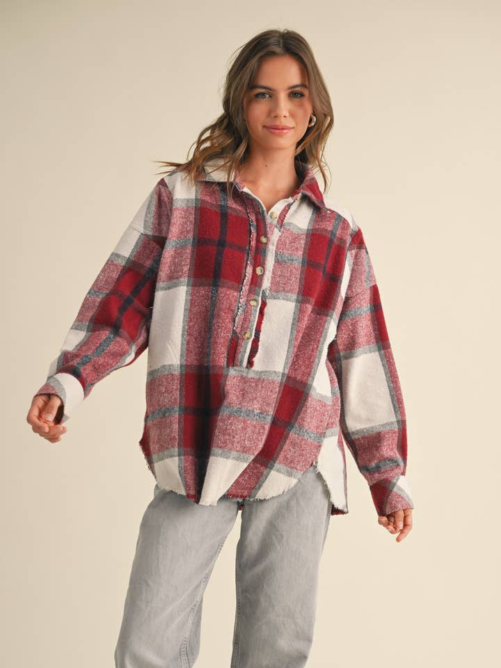 MIOU MUSE - Wholesale Button Down Shirt - Women's - T3847 PLAID PATTERN PULLOVER TOP WITH POCKET