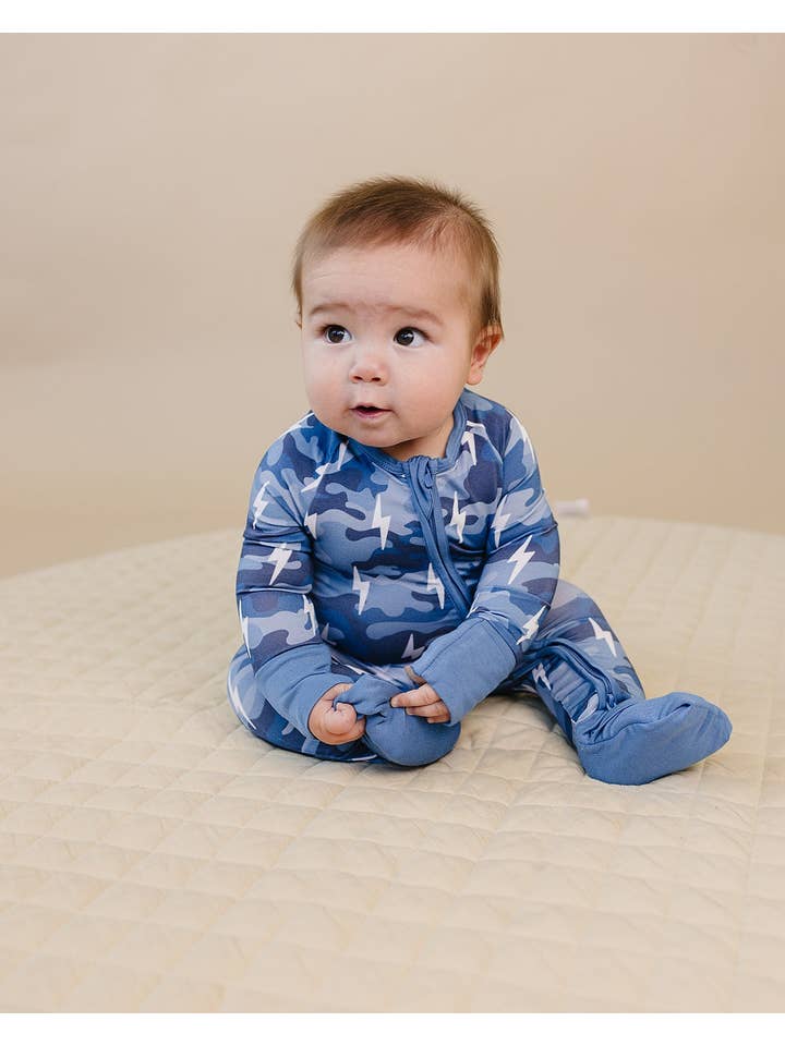 Lucky Panda Kids - Wholesale Jumpsuit - Baby - Bamboo Zip Romper | Blue Camo Bolts1