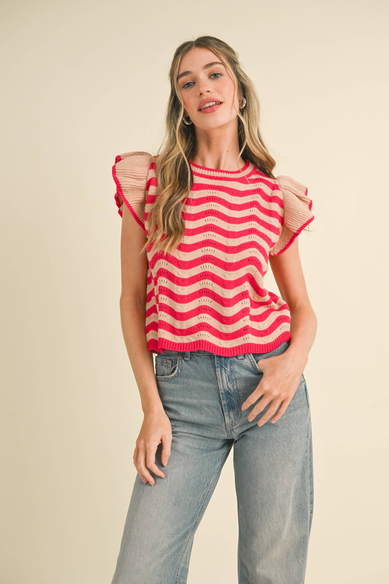 &MERCI - Wholesale Knit Sweater - Women's - WAVY STRIPES FLUTTER SLEEVE SWEATER TOP MSW1050911